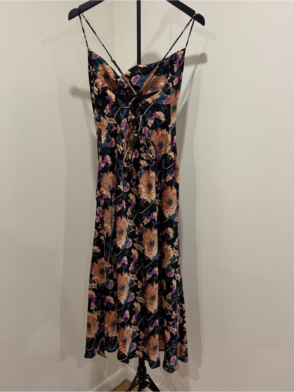Astr the Label Floral Strappy Cowl Neck Slip Dress Black Tan Floral M